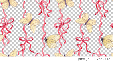 Seamless pattern of satin bows and white butterflies. Watercolor background of pink silk ribbons. Decor for birthdays, weddings, Valentine's day. Decoration in boho style on a isolated background. Seamless pattern of satin bows and white butterflies. Watercolor background of pink silk ribbons. Decor for birthdays, weddings, Valentine's day. Decoration in boho style on a isolated background. 117352442