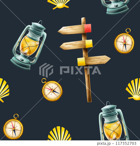 Seamless pattern with camping old oil kerosene lantern , symbol of the Camino de Santiago route, marine compass. Watercolor isolated illlustrations. Mountin equipment for recreation 117352703