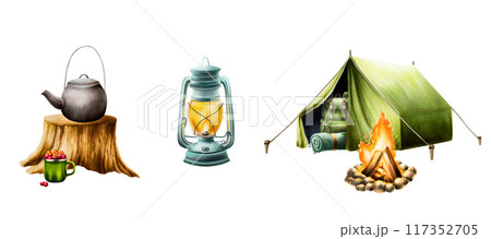 Campfire, oil kerosene lantern, hiking and camping backpack, rolled up blanket and sleeping bag in green camping tent, kettle, in wooden stump, green cup, cranberry and cowberry. Watercolor isolated 117352705