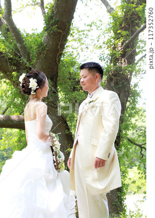 新緑の桜の木の下で美人な新婦様のウエディングドレス姿フォトウエディング新郎新婦ロケーション撮影 新緑の桜の木の下で美人な新婦様のウエディングドレス姿フォトウエディング新郎新婦ロケーション撮影 117352760