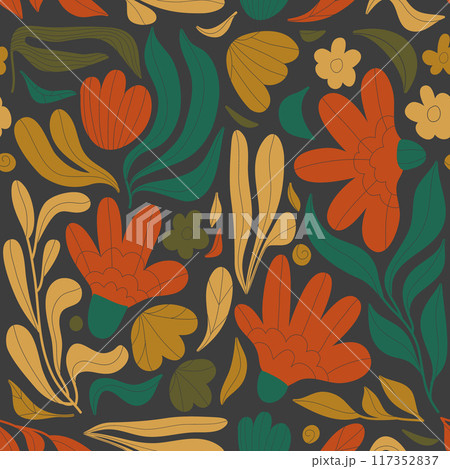 Vector seamless flower retro pattern, naive art illustration, groovy print. Wavy plant motif, organic summer poster. 117352837