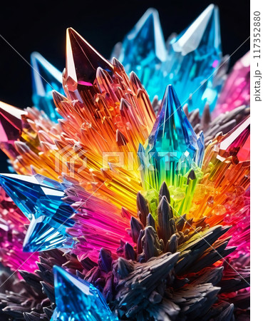 Cluster of colorful fantasy glowing crystals, close-up abstract bright multicolor background 117352880