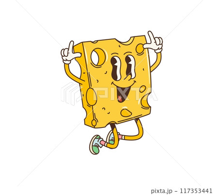 Retro cartoon groovy breakfast cheese slice character. Isolated vector smiling dairy piece of cheese with expressive eyes and sneakers giving playful hand gesture. Cheerful funky cheesy personage Retro cartoon groovy breakfast cheese slice character. Isolated vector smiling dairy piece of cheese with expressive eyes and sneakers giving playful hand gesture. Cheerful funky cheesy personage 117353441