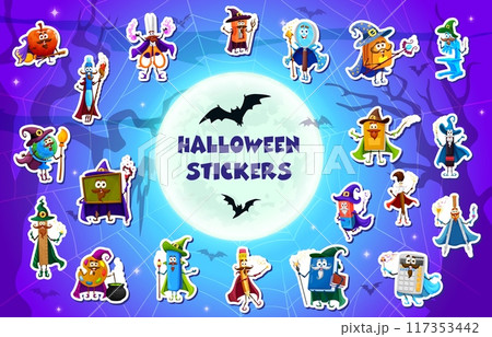 Halloween school characters stickers pack of stationery witch, wizard, fairy and mage, vector Halloween holiday. Cartoon magic personages of cute book, pencil, bag and pen, Halloween school supplies Halloween school characters stickers pack of stationery witch, wizard, fairy and mage, vector Halloween holiday. Cartoon magic personages of cute book, pencil, bag and pen, Halloween school supplies 117353442