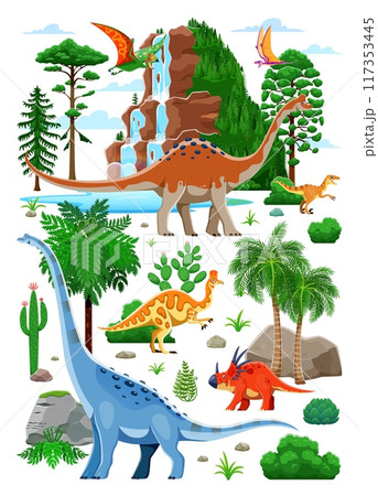 Prehistoric dinosaurs in jurassic forest vector banner with waterfall, mountain and jungle trees. Cartoon titanosauria, plesiosaurus, styracosaurus and dimorphodon dino characters, palms and cactuses 117353445