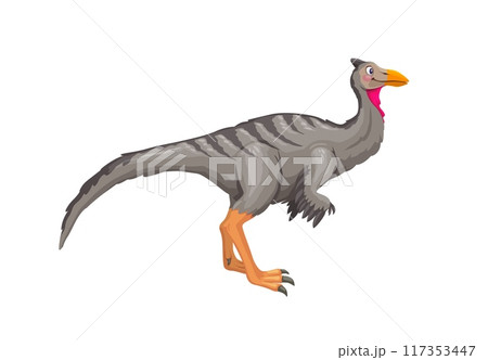 Pelecanimimus prehistoric dinosaur. Isolated cartoon vector bird-like dino predator with grey plumage, elongated neck with a pink throat pouch and sharp, orange beak, slender legs with sharp claws Pelecanimimus prehistoric dinosaur. Isolated cartoon vector bird-like dino predator with grey plumage, elongated neck with a pink throat pouch and sharp, orange beak, slender legs with sharp claws 117353447