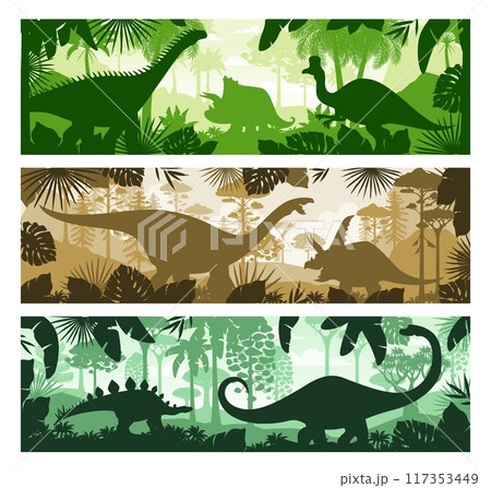 Prehistoric dinosaurs in forest silhouette landscape or Jurassic park, vector backgrounds. Cartoon prehistoric dinosaur lizards in jungle forest trees and silhouettes of stegosaurus and brontosaurus 117353449