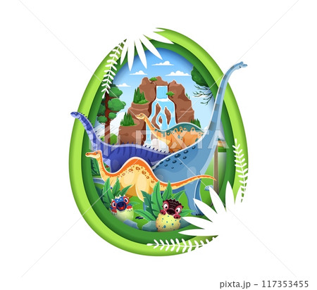 Paper cut dino egg with funny dinosaurs or Jurassic lizards in jungles park, cartoon vector. Kids prehistoric dinosaurs banner with cute baby dino hatching from egg of titanosauria or apatosaurus 117353455