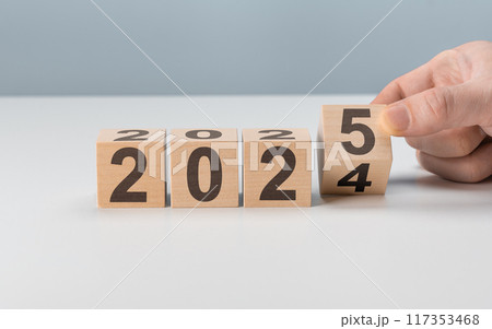 Starting new year 2025. Flipping of 2024 to 2025 on wooden cube blocks. Beginning and start of new year 2025. new year, life, business, plan, goals, target and strategy concept. 117353468