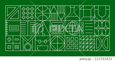 School education modern geometric pattern. Vector green background with abstract line shapes in square tiles. Outline book, pencil, student bag and globe, math symbols, calculator and flask pattern 117353472