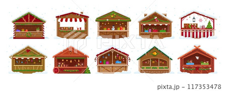Christmas market stall booth, winter holiday fair village with wooden houses, vector icons. Christmas market vendor booth and kiosks with decorations, gingerbread cookies, sweets and mulled wine Christmas market stall booth, winter holiday fair village with wooden houses, vector icons. Christmas market vendor booth and kiosks with decorations, gingerbread cookies, sweets and mulled wine 117353478