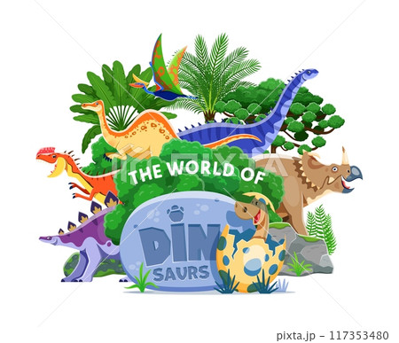 Prehistoric dinosaur world book cover. Vector vibrant and playful storybook cover with cartoon dino and hatching baby reptile at lush greenery landscape with colorful fun typography and stone plate Prehistoric dinosaur world book cover. Vector vibrant and playful storybook cover with cartoon dino and hatching baby reptile at lush greenery landscape with colorful fun typography and stone plate 117353480