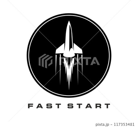 Spaceship, space rocket icon. Isolated vector monochrome fast start emblem for business startup, technology, innovation and exploration themes, symbolizes speed, progress, and futuristic space flights Spaceship, space rocket icon. Isolated vector monochrome fast start emblem for business startup, technology, innovation and exploration themes, symbolizes speed, progress, and futuristic space flights 117353481