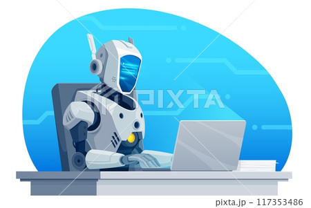 Robot writer or secretary cartoon character typing on laptop. Vector AI artificial intelligence robot or humanoid cyborg writer, secretary, editor, blog author and journalist working on computer 117353486