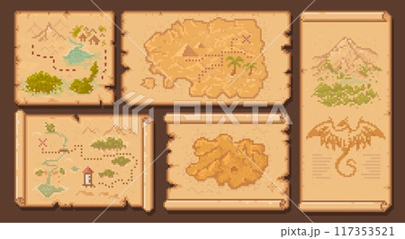 Arcade 8 bit pixel game pirate treasure maps. Vector vintage scrolls, ancient manuscripts, parchments featuring secret lands, mountains, forests, rivers and dragon. Antique paper with ripped sides 117353521