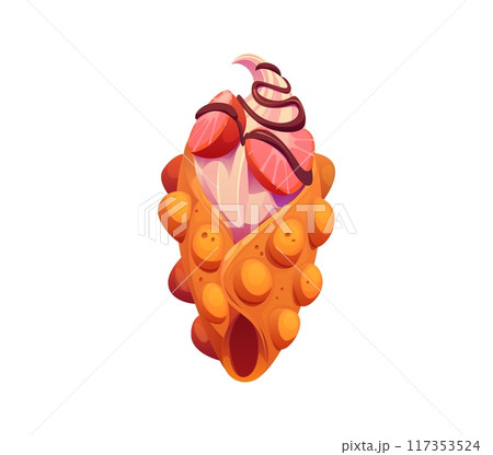 Cartoon Hong Kong bubble waffle fast food meal. Isolated vector ice cream with chocolate topping and strawberry. Delicious icecream in crispy pimpled wafer cup, sweet food, tasty street food dessert 117353524