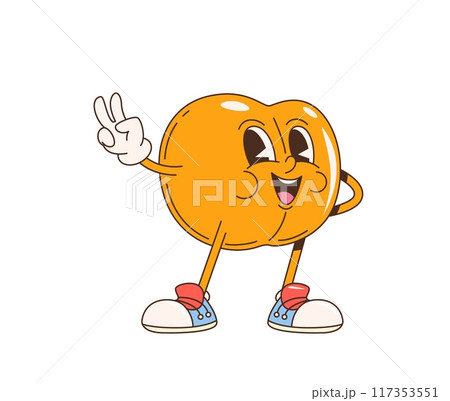 Cartoon groovy retro apricot fruit character with happy face, vector funky comic. Groovy apricot with funny smile and peace gesture, kids groovy fruit emoji character in 70s retro hippie art Cartoon groovy retro apricot fruit character with happy face, vector funky comic. Groovy apricot with funny smile and peace gesture, kids groovy fruit emoji character in 70s retro hippie art 117353551