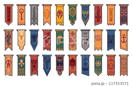 8 bit pixel art game medieval flags, banners and heraldic knight pennants, vector heraldry. Royal heraldic pennant flags with coat of arms and crest symbols of crossed swords on shield, key and crown 117353571