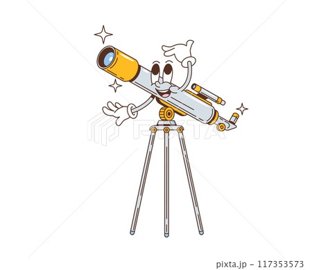 Cartoon groovy space telescope character. Isolated vector nostalgic retro glass personage with an expressive face, extends its eyepiece excitedly, exploring the cosmos and stargazing through its lens 117353573