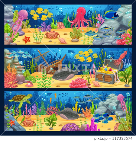 Underwater landscape banners with cartoon sea animals, seaweed, sunken ship and treasure chest. Vector horizontal cards depict ocean bottom with coral reef, turtle, fish shoal, tropical seaweed plants 117353574