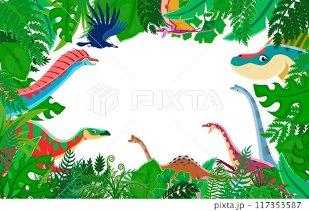 Cartoon prehistoric dinosaurs in jungle forest frame with vector borders of palm tree green leaves and jurassic dino animals. Cute titanosauria, amargasaurus, anchisaurus and argentavis dinosaur frame 117353587