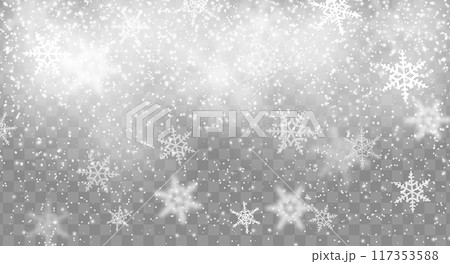 Realistic snow background with snowflakes. Vector Christmas winter overlay with falling flakes, xmas or New Year layout template with wintertime crystalline ice formations descending from the sky 117353588