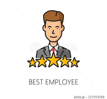 Recruitment, best employee color line icon. Business head hunter recruitment, company employment service or human resources candidate outline vector symbol with businessman and rating five stars 117353589