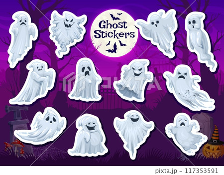 Cartoon Halloween ghost characters stickers pack, night cemetery vector background. Halloween holiday horror monsters personages of flying white ghosts, scary phantoms, evil poltergeists and spirits 117353591
