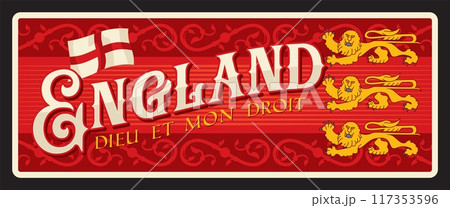 Retro style banner for England with traditional elements like St. Georges cross and lions. background is red with ornate patterns and Dieu et mon droit text emphasizing historical and national pride 117353596