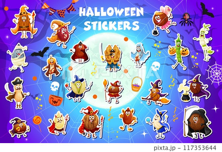 Halloween nuts and beans mages, wizards and sorcerers stickers pack. Vector cartoon walnut, peanut and almond, hazelnut, pistachio, coconut and cashew characters in witch and fairy Halloween costumes Halloween nuts and beans mages, wizards and sorcerers stickers pack. Vector cartoon walnut, peanut and almond, hazelnut, pistachio, coconut and cashew characters in witch and fairy Halloween costumes 117353644