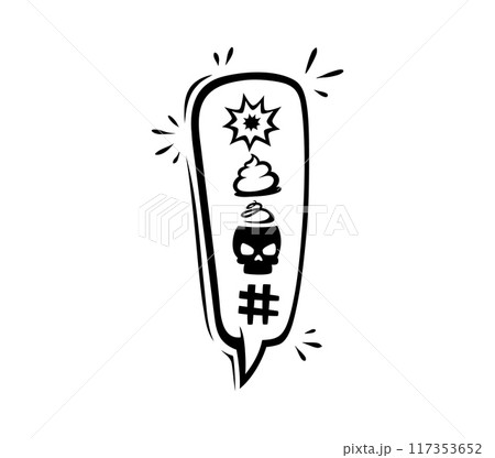 Comic swear speech bubble or cartoon aggressive expletive curse, vector doodle exclamation point. Hate angry talk with bad word speech cloud or explicit swear shout with skull and shit symbols Comic swear speech bubble or cartoon aggressive expletive curse, vector doodle exclamation point. Hate angry talk with bad word speech cloud or explicit swear shout with skull and shit symbols 117353652