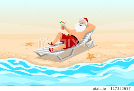 Santa Claus sunbathing on beach, Christmas holiday cartoon vector background for greeting card. Funny Santa character at summer sea beach on sunbed sunbathing with cocktail for Christmas celebration 117353657