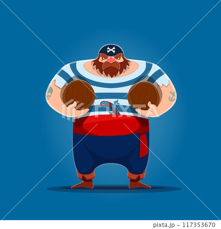 Cartoon pirate or corsair character with big rum barrels, vector sailor man personage. Pirate skipper or boatswain corsair and filibuster man in bandana with crossbones, musket gun and rum barrels Cartoon pirate or corsair character with big rum barrels, vector sailor man personage. Pirate skipper or boatswain corsair and filibuster man in bandana with crossbones, musket gun and rum barrels 117353670