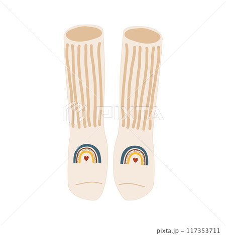 Knitted beige socks with cute rainbows. Vector isolated illustration. Knitted beige socks with cute rainbows. Vector isolated illustration. 117353711