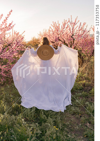 Woman blooming peach orchard. Against the backdrop of a picturesque peach orchard, a woman in a long white dress and hat enjoys a peaceful walk in the park, surrounded by the beauty of nature. Woman blooming peach orchard. Against the backdrop of a picturesque peach orchard, a woman in a long white dress and hat enjoys a peaceful walk in the park, surrounded by the beauty of nature. 117353758