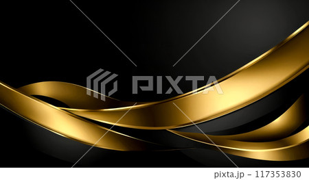Elegant black background with golden wave design, modern luxury abstract curve, sleek metallic ribbon flow, dynamic smooth lines, minimalist style banner 117353830