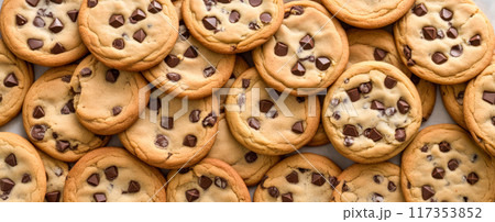 Freshly baked chocolate chip cookies close-up, golden brown homemade sweet treats with melted chocolate chunks, delicious dessert background, bakery concept 117353852