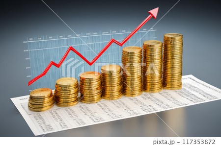 Stacked coins increasing with rising arrow graph financial increase, profitable investments, economic prosperity. grey background, wealth accumulation, market success 117353872