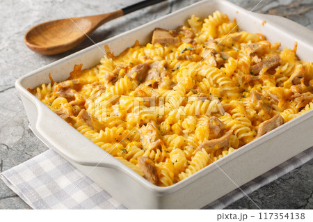 Pasta canned tuna baked with mornay sauce close-up in a baking dish. Horizontal 117354138