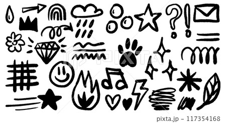 Bold brush Hand drawn doodle style collection of heart, scribble, star, check mark, spirals, flower, rainbow, diamond, sparkles, leaves, fire, lightning, and emphasis element. Bold brush Hand drawn doodle style collection of heart, scribble, star, check mark, spirals, flower, rainbow, diamond, sparkles, leaves, fire, lightning, and emphasis element. 117354168