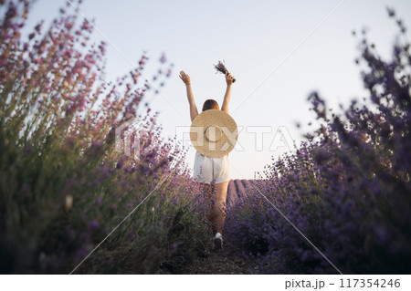 A woman is walking through a field of purple flowers with a straw hat on 117354246