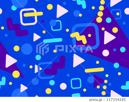 Geometric seamless pattern with memphis elements in 80s style. Colorful geometric pattern. Design of promotional products, wrapping paper and printing. Vector illustration 117354285
