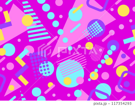 Geometric seamless pattern with memphis elements in 80s style. Colorful geometric pattern. Design of promotional products, wrapping paper and printing. Vector illustration Geometric seamless pattern with memphis elements in 80s style. Colorful geometric pattern. Design of promotional products, wrapping paper and printing. Vector illustration 117354293