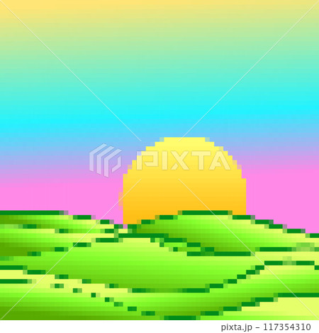 Green meadows at dawn in pixel art style. Rising sun on green fields in the style of 8-bit retro graphics of the 80s and 90s. Design for covers, banners and posters. Vector illustration Green meadows at dawn in pixel art style. Rising sun on green fields in the style of 8-bit retro graphics of the 80s and 90s. Design for covers, banners and posters. Vector illustration 117354310