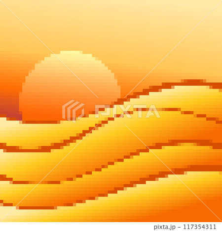 Desert landscape in pixel art style. Sun over sand dunes in the style of 8-bit retro graphics of the 80s and 90s. Pixel desert landscape. Design for printing banners and posters. Vector illustration 117354311