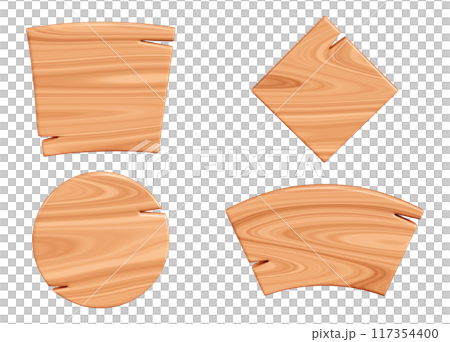 Wooden plaque for text box. Cartoon 3d render illustration of signboard with brown wood texture of different shapes. Timber plank or board in form of rectangle and arrow. Road signpost frame. Wooden plaque for text box. Cartoon 3d render illustration of signboard with brown wood texture of different shapes. Timber plank or board in form of rectangle and arrow. Road signpost frame. 117354400