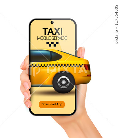 Taxi service concept. Hand holding smartphone with taxi car on screen and taxi service mobile app or order taxi online. 117354605