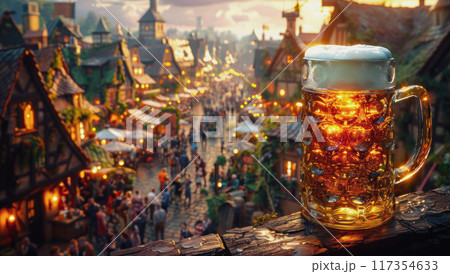 Large beer mugs with white foam on defocused background of a beer bar. Oktoberfest concept 117354633