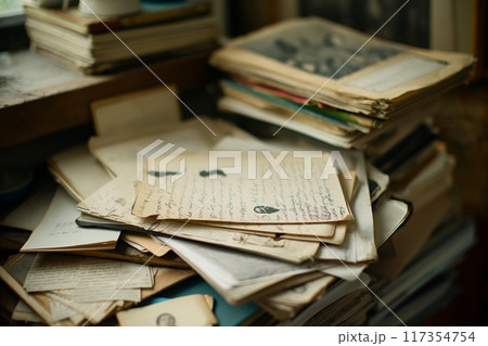 Cozy corner filled with stacks of writing prompts, inspiration boards, and papers 117354754