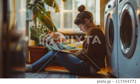 Comfortable and cozy home study session in a warm. Relaxing environment with sunlight streaming through the window Comfortable and cozy home study session in a warm. Relaxing environment with sunlight streaming through the window 117354771